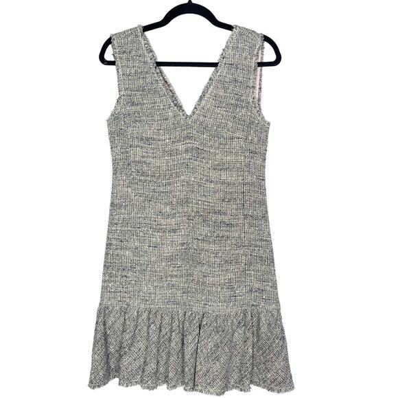 New Rebecca Taylor 4 Blue Gray Sleeveless Tweed V Neck Dress Ruffled Hem Cotton - Picture 1 of 14